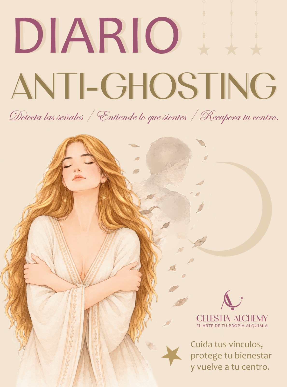 Portada del Diario anti-ghosting de Celestia Alchemy: mujer abrazándose con luna creciente