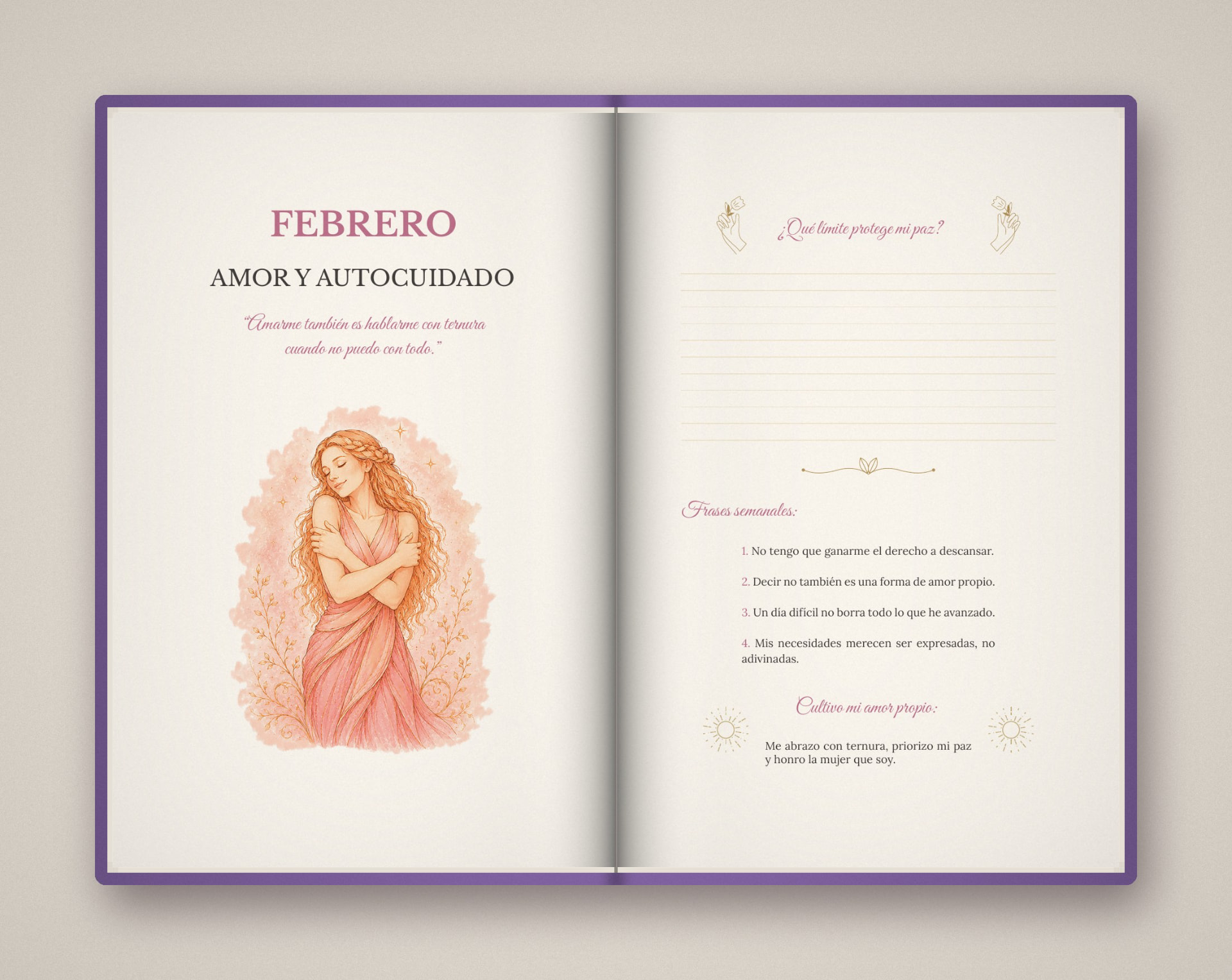 Agenda Celestia Alchemy 2027 abierta por Febrero, Amor y autocuidado, con ilustración original y frases semanales