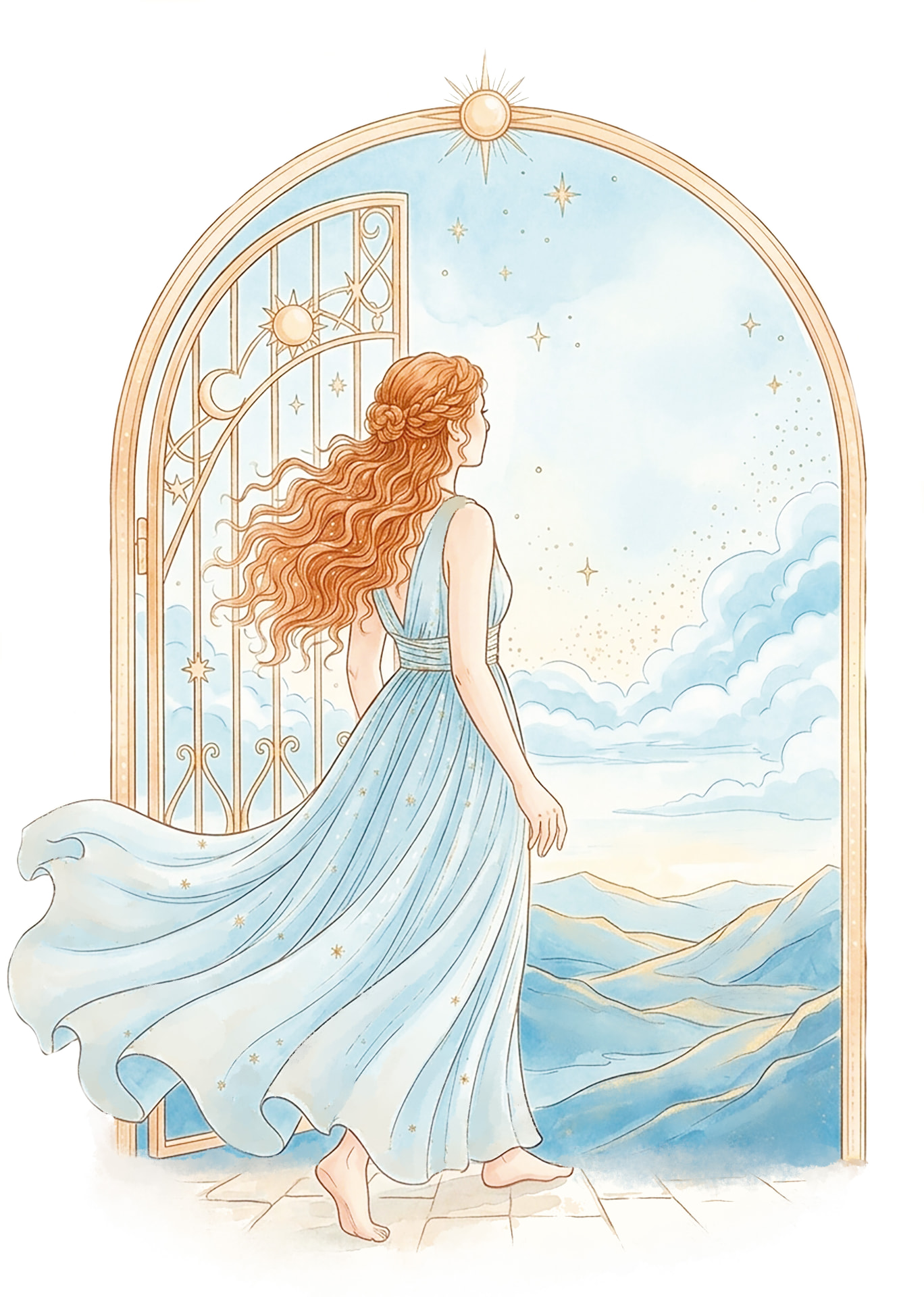 Ilustración original de julio: mujer cruzando una puerta hacia un cielo abierto