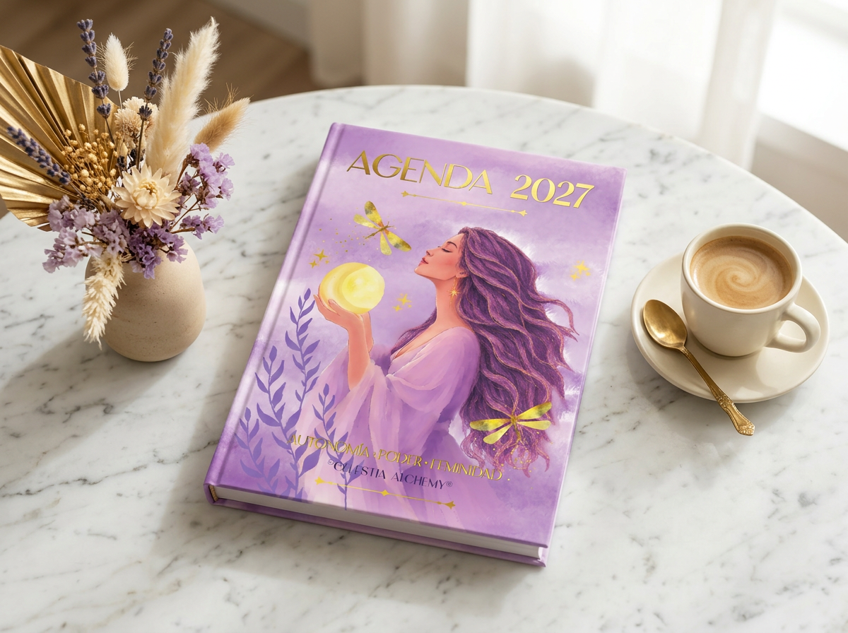 Agenda Celestia Alchemy 2027 de tapa morada sobre una mesa de mármol